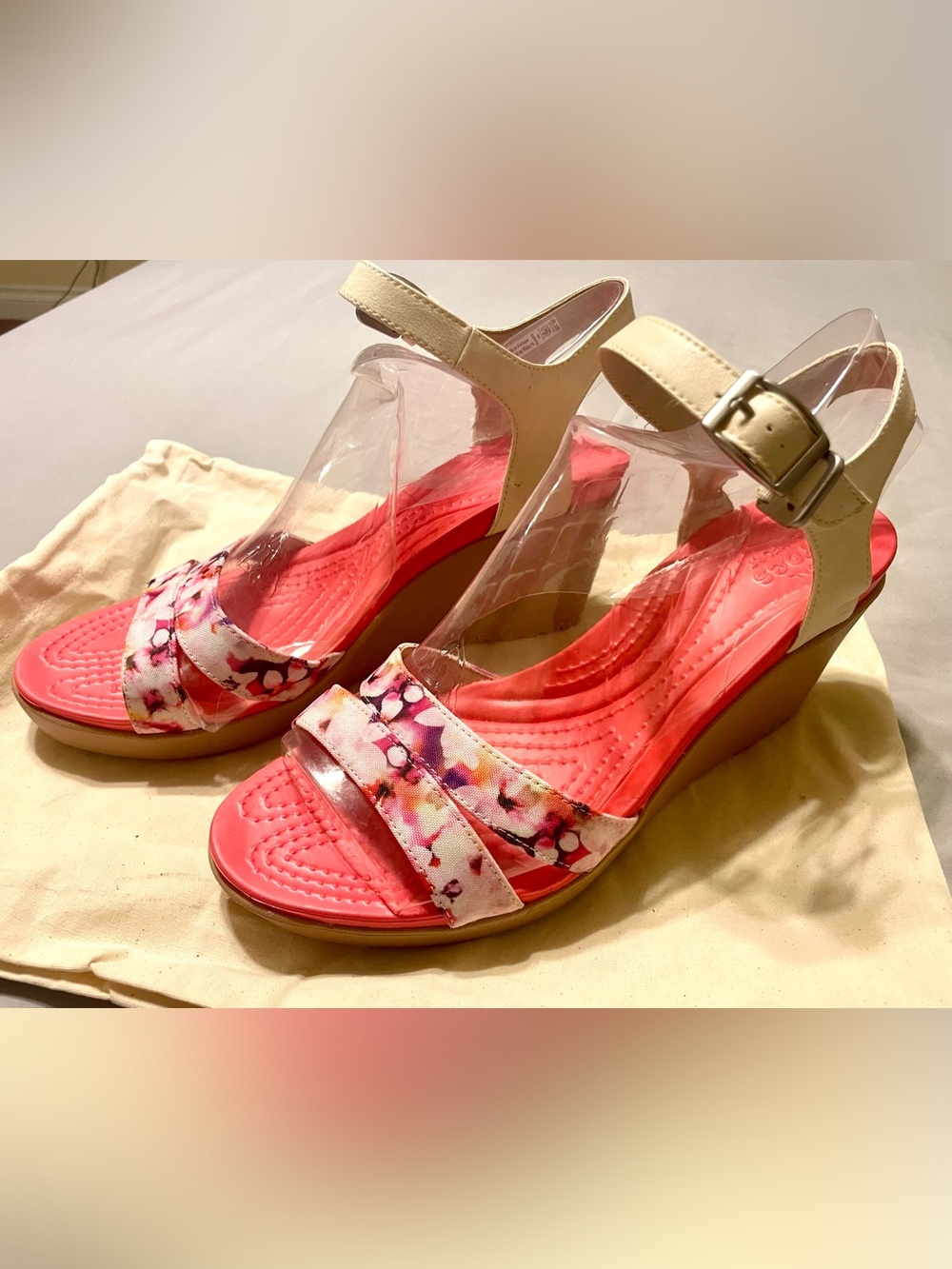 CROCS Pink Floral Wedge Sandals with Cream Ankle Strap